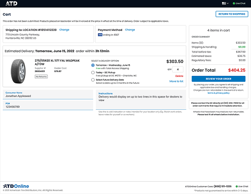 New order submission page